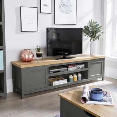 Image of Home Source TV Stand Media Cabinet, Television Entertainment Unit, Oak Effect, Dark Grey, 180cm
