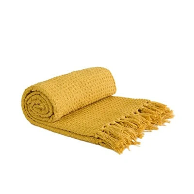 Image of Emma Barclay Honeycomb Recycled Cotton Plain Waffle Textured Chair Sofa Setee Throw Over Blanket in Ochre Yellow 90x100 (228x254cm)
