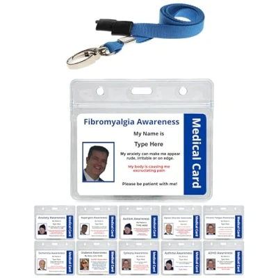 Image of Quantum Leap Printed Plastic Fibromyalgia Awareness Disability ID Card with Blue Sunflower Lanyard &amp; Clear Pocket