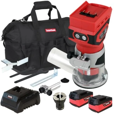 Image of Excel 18V Cordless Router Trimmer with 2 x 5.0Ah Battery Charger &amp; Bag Chuck Capacity 6mm Speed 12000 30000 RPM Brushes Motor Shaft Lock Dust Nozzle