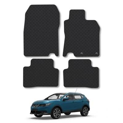 Image of Rubber Car Mats Compatible with Nissan Qashqai (2014 2021) Tailored Fit Floor Set Accessory Black Custom 4 Pieces Clips Anti Slip Backing, Heavy Duty &amp; Waterproof