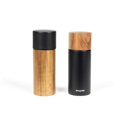Image of Salter BW12068EU7 Toronto Pepper Set Wooden Seasoning Grinders for Salt &amp; Whole Peppercorns, Ceramic Grinding Mechanism, Spice Mills with Adjustable Coarseness, Acacia Wood, Black
