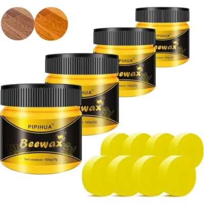 Image of PIPIHUA Beeswax Polish for Wood, Multi purpose Furniture Waterproofing &amp; Protection, Natural Traditional Wood Wax All Types and Colours, 4x100g with 8 Sponges