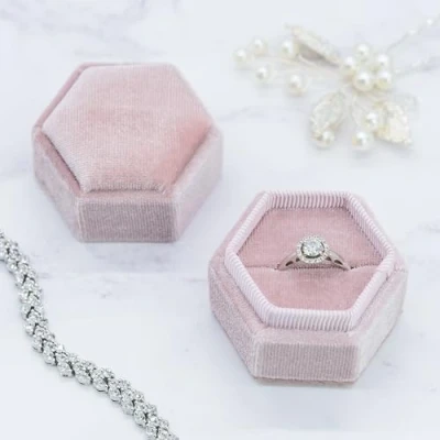 Image of TRIXES Pink Velvet Ring Box Jewellery Boxes for Engagement Proposal Wedding Gift Display Case with Padded Interior