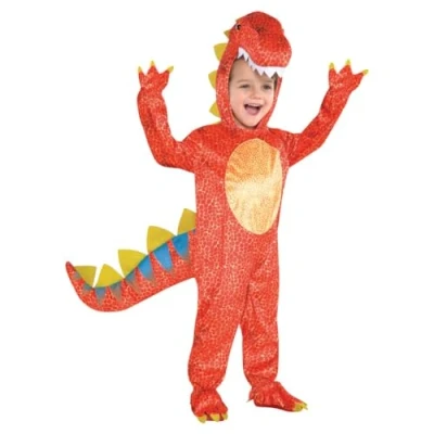 Image of Amscan 844660 55 Kids Dinomite Dinosaur Hooded Jumpsuit World Book Day Fancy Dress Costume Age: 3 4 Yrs
