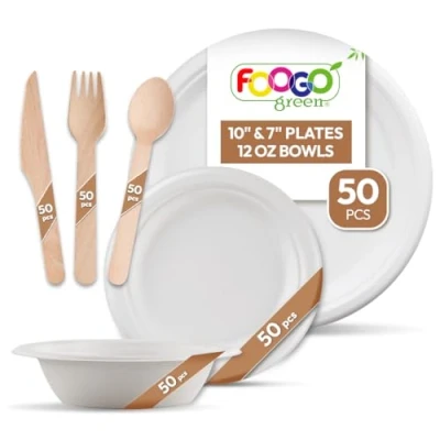 Image of FOOGO Green 300pcs Disposable Sugarcane Fibre Paper Plates, Bowls and Wooden Cutlery Set, FSC® Certified, 50x Large Round Small Bowls, Forks, Knives, Spoons