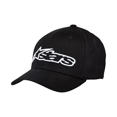Image of Alpinestars Men&#039;s Curved Bill Structured Crown Flex Back 3D Embroidered Logo Flexfit Cap, Black (BLACK/WHITE), S/M (Manufacturer Size: S/M)