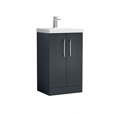 Image of nuie DPF1423A Deco Modern Bathroom Floor Standing 2 Door Part Fluted Vanity Unit with Mid Edge Ceramic Basin, Satin Anthracite