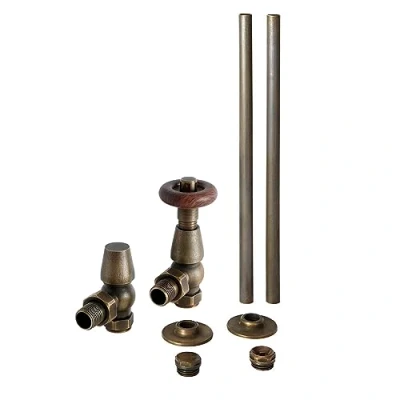 Image of Milano Windsor Traditional Brass Angled Thermostatic Radiator Valve TRV Pipe Set
