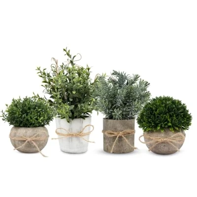Image of PENGYEE Artificial Plant, 4Pcs Mini Plants Potted Set Fake Green Grass Faux Plastic Rosemary Topiary Shrubs for Home Office Desk, Kitchen Counter Decoration (Color D)