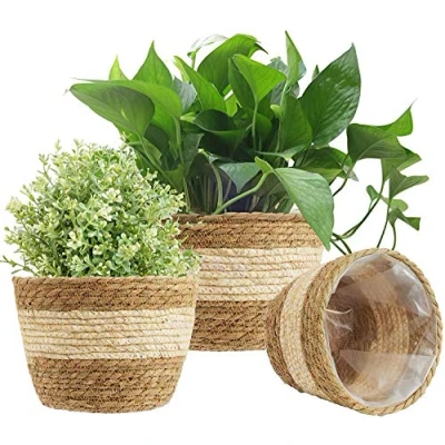 Image of KAHEIGN 3Pcs Seagrass Planter Basket, 3 Size Woven Plant Pot Indoor Outdoor Flower Pots Cover Storage Basket Containers for Home Decor (Beige)
