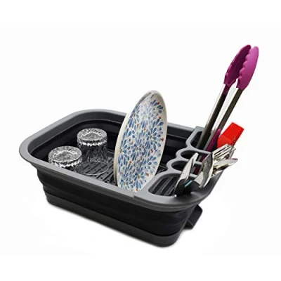 Image of SAMMART Collapsible Plastic Dish Drainer with Board Foldable Drying Rack Set Portable Dinnerware Organizer Space Saving Kitchen Storage Tray (Grey/Black)