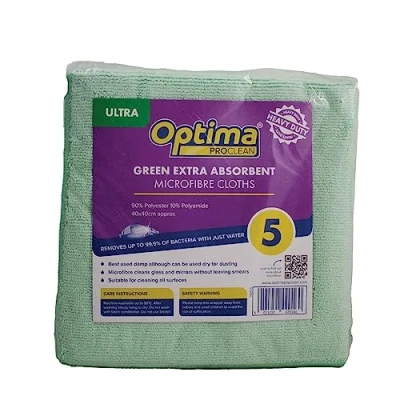 Image of Optima Proclean 5 &#039;Ultra&#039; Premium Microfibre, Heavy Duty, Streak Free, Cleaning Cloths, 40x40cm, Green