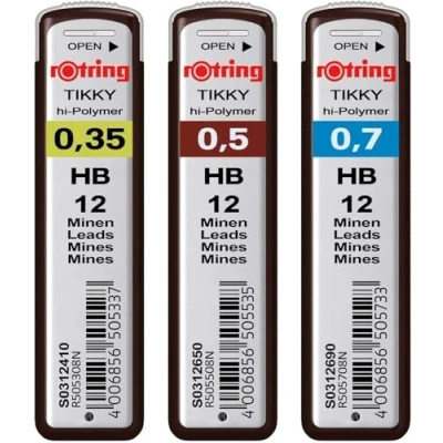 Image of rOtring Hi Polymer Lead Set of 3 Packs 12 Leads 0.35 mm, 0.50 mm 0.70 Hardness: HB