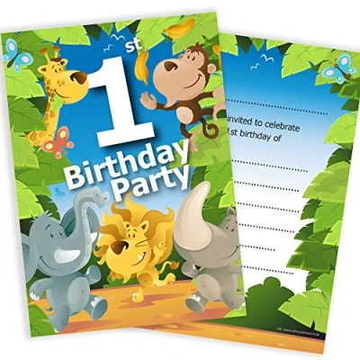 Image of Olivia Samuel 20 x 1st Birthday Party Jungle Themed Animal Invitations from Ready to Write with Envelopes