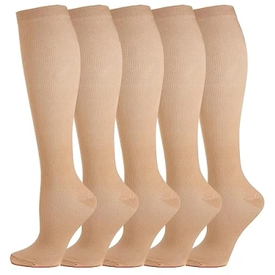 Image of 5 Pairs Compression Socks for Men &amp; Women Best Graduated Athletic Fit Running Flight Travel Pregnancy Flying Nurses Medical Shin Splints Varicose Veins (L, Brown)