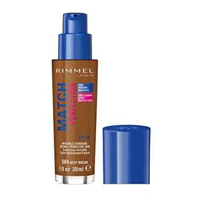 Image of Rimmel Match Perfection Foundation 504 Deep Mocha, Medium Coverage, 24hr Hydration, No Caking or Creasing, Lightweight, Reduces Imperfections, Invisible SPF20, Cruelty Free