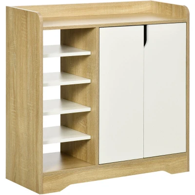 Image of HOMCOM Shoe Storage Organizer with Double Door Cabinet Open Shelves for Hallway Entryway