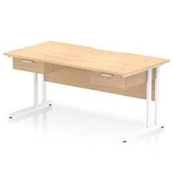 Image of Impulse 1600 x 800mm Scalloped Edge Straight Office Desk Maple Top White Cantilever Leg Workstation 2 1 Drawer Fixed Pedestal