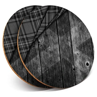 Image of 2 x Round Coasters Scottish Painted Barrel Flag Tartan Cork Backed Home Kitchen Accessory Tea Coffee Mug Mat #37287