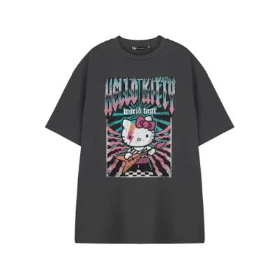 Image of Hello Kitty World Tour Womens Grey Short Sleeved T Shirt Friends Graphic Tee Sanrio Characters Top
