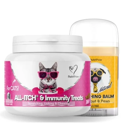 Image of NutriPaw All Itch Treats &amp; Balm For Cats Soothe Itchy Paws, Eyes, Ears, Skin Stop Itching, Licking, Scratching Excessive Grooming breeds Supports Seasonal Itching