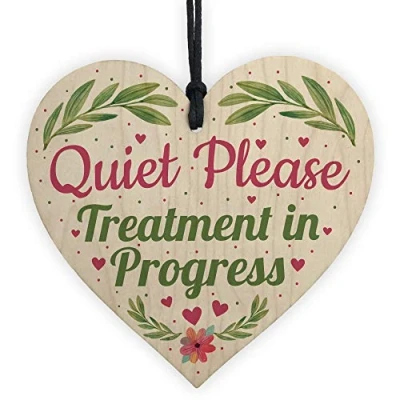 Image of RED OCEAN Quiet Please TREATMENT IN PROGRESS Do Not Disturb Hanging Heart Salon Door Sign Plaque