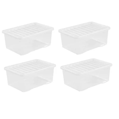 Image of 4 x 45L Plastic Storage Boxes Crystal Clear Box &amp; Lid Suitable for all around the Home Office and Workplace Stackable Nestable Large Strong 60 40 25 cm