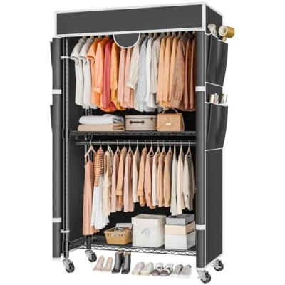 Image of Himimi 3 tier Clothes Rail with Cover Heavy Duty Rack on Wheels Adjustable Height, Stable Metal 2 Hanging rails and 4 Side Pockets, 90 * 45 205cm, Black