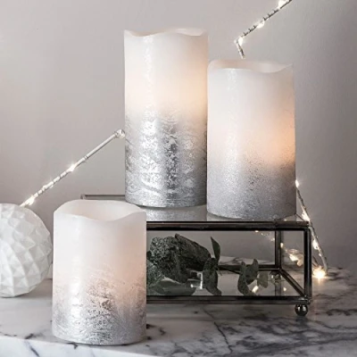 Image of Lights4fun Set of 3 Silver Grey Ombre Real Wax Battery Operated Flameless Flickering LED Candles with Timer