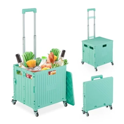 Image of Relaxdays Foldable Shopping Trolley, Collapsible Basket on Wheels, 35 kg Capacity, Telescopic Handle, Mesh, Turquoise, Iron, 100 x 44 39 cm