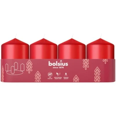 Image of Bolsius Smooth Pillar Candles Set of 4 Red 60x40 mm Decorative Long Burning Time Unscented with Natural Plant Wax Without Palm Oil