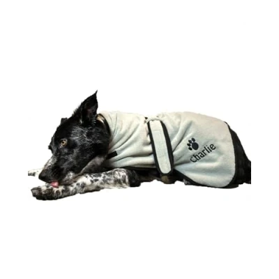 Image of Personalised Dog Dressing Gown Drying Towel, Bath Robe, Custom Adjustable Dry Robe bathrobe for dogs, Grey Black Gift Medium