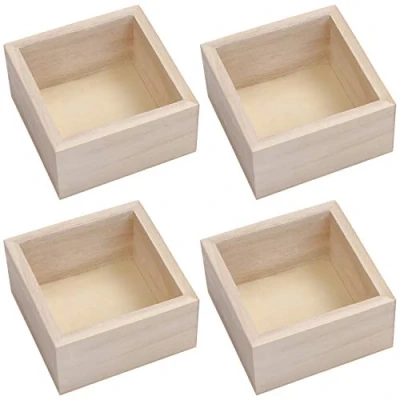 Image of BELLE VOUS Square Unfinished Wooden Craft Storage Organiser Boxes (4 Pack) 9.5 x 5cm Rustic Natural Wood Container Box Set for Home/Venue Decor, Collectibles, Succulents and DIY