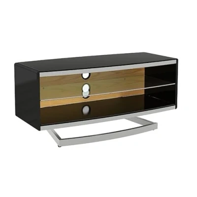 Image of AVF Black Cantilever TV Stand Gloss &amp; Silver Floorstand, changable black, white, oak, walnut back panel colours. Height adjustable, Up to 50&quot;