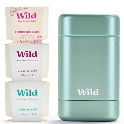 Image of Wild Aqua Case with Refill Variety Pack (3 x 40g) Natural Refillable Deodorant Aluminium Free Includes Fresh Cotton &amp; Sea Salt, Cherry Blossom and Coconut Vanilla Scents Vegan