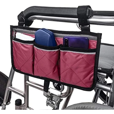 Image of Wheelchair Armrest Pouch Organizer Bag Side of Chair 3 Pocket Tote Storage Accessories (Pink)