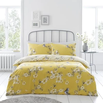 Image of GC GAVENO CAVAILIA Birdie Blossom Duvet Set Polycotton Reversible Floral Washable Bedding Botanical Quilt Bed With Matching Pillowcase Ochre Single