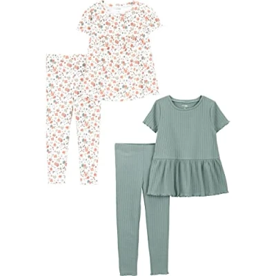 Image of Simple Joys by Carter&#039;s Baby Girls&#039; 4 Piece Playwear Set, Bottle Green/White Floral, 12 Months (Pack of 2)