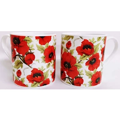 Image of Red Poppy Mugs Set 2 Fine Bone China Balmoral Poppies Cups Hand Decorated UK