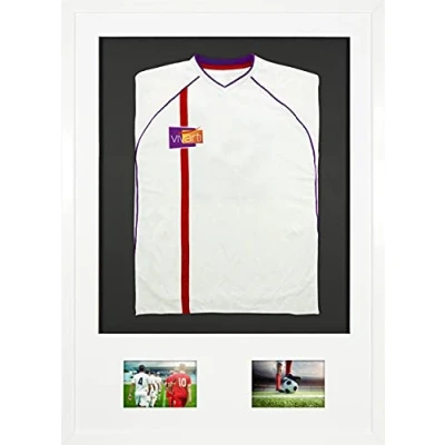Image of Vivarti DIY Junior 3D Mounted + Double Aperture Sports Shirt Display Frame for Football Shirt, Rugby Band Shadow Box A1 59.4 x 84cm Gloss White Frame, Mount, Black Backing Card
