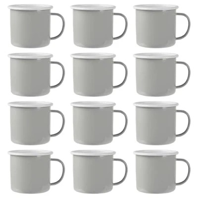 Image of Argon Tableware Coloured Enamel Mugs Metal Outdoor Camping Tea Coffee Hot Drinks Cups Set 375ml Grey Pack of 12