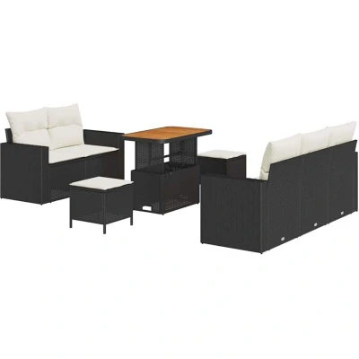 Image of vidaXL 8 Piece Garden Sofa Set with Cushions Black Poly Rattan Acacia