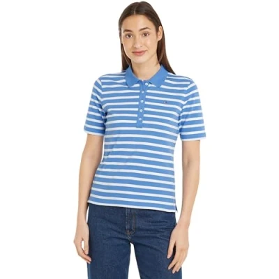 Image of Tommy Hilfiger Women 1985 Reg Pique Stripe Polo Ss S/S Polos, Blue, XL