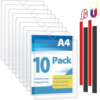 Image of VAIIGO A4 Wall Sign Holder Magnetic Frame, 10 Pcs Holder, Rigid Print Protectors with Adhesive and Tapes, Poster Display Plastic Paper for Office, Home, Store