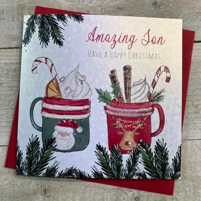 Image of WHITE COTTON CARDS AMAZING SON CHRISTMAS MUGS CARD, HAND FINISHED (C23 61)