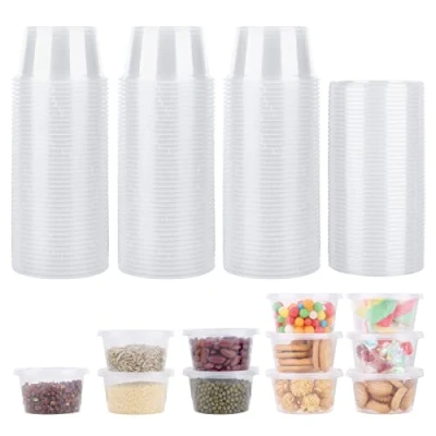 Image of Pack of 50 Storage Jars with Lids, Reusable Plastic Cups, 100 ml Small Shot Glasses, Food Containers, Leak Proof, Microwave Safe, Tins for Sauces, Dips, Spices