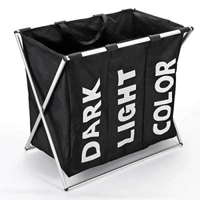 Image of Vinsani Collapsible Laundry Bag Basket with 3 Compartments &amp; Stand, Foldable Washing Storage Bin Hamper Carry Handle, Black