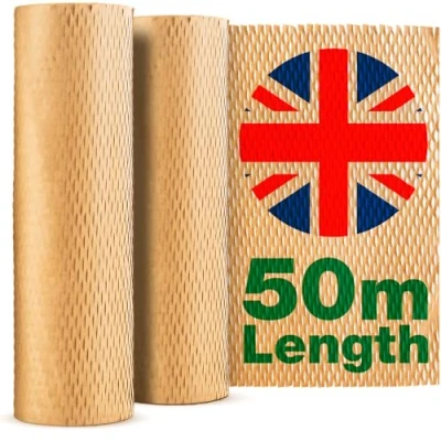 Image of Sustainable Honeycomb Packing Paper 50m x 30cm Made in UK Bubble Wrap Alternative Biodegradable Wrapping for Moving, &amp; Shipping and Breakables Brown