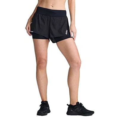 Image of 2XU Women&#039;s Aero 2 in 1 Running Shorts, 4&quot; Length, Lightweight Black, Moisture Wicking Fabric